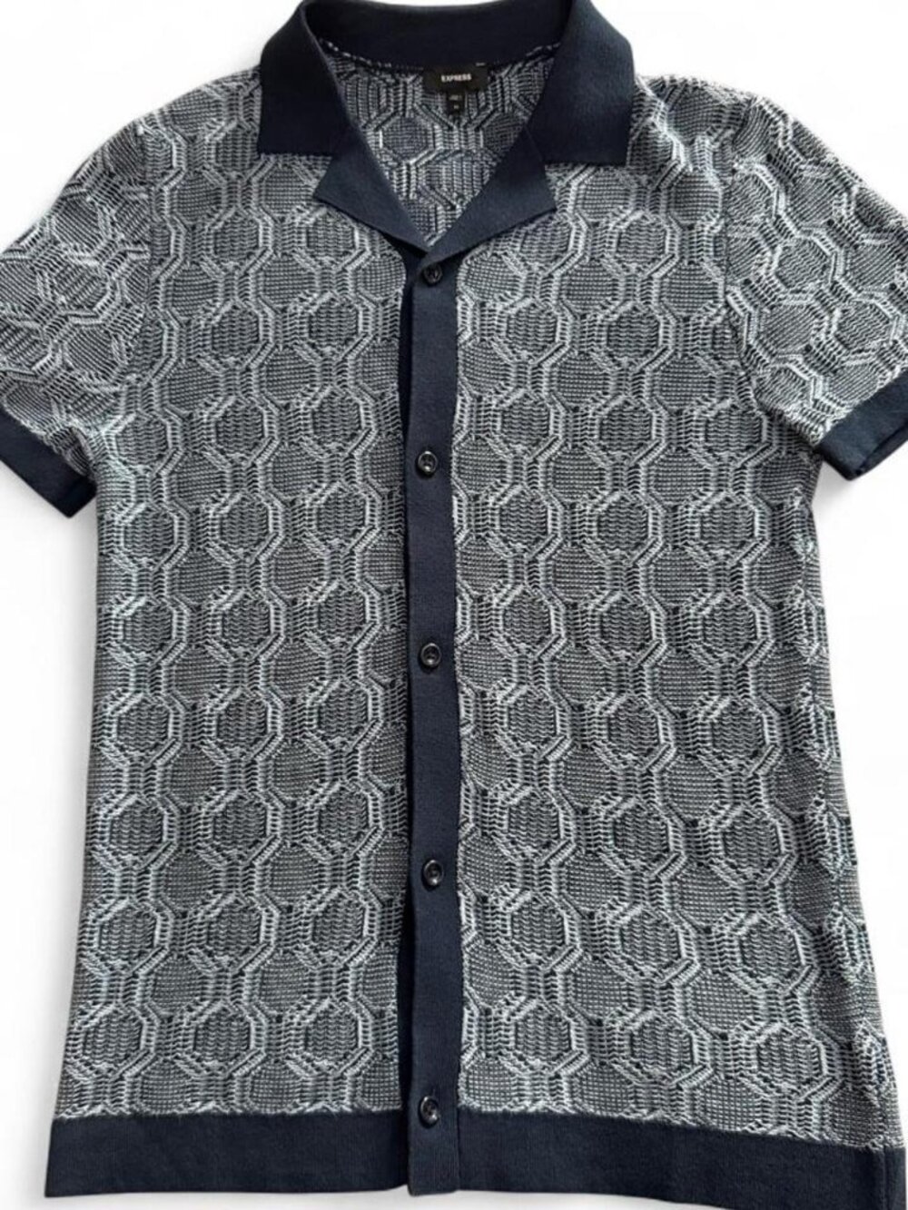 Express Men's Black/Blue Geometric Knit Short Sleeve Button Front Camp Shirt XS